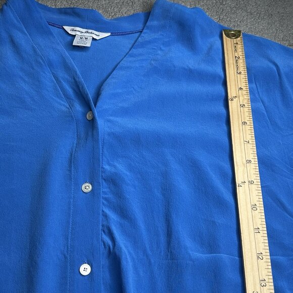 Tommy Bahama Shirt Womens Medium Blue Silk Button Up Tie Front Doman Sleeve - Picture 6 of 10